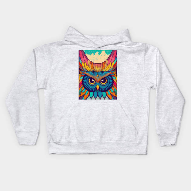 Colorful Owl Portrait Illustration - Bright Vibrant Colors Bohemian Style Feathers Psychedelic Bird Animal Rainbow Colored Art Kids Hoodie by JensenArtCo